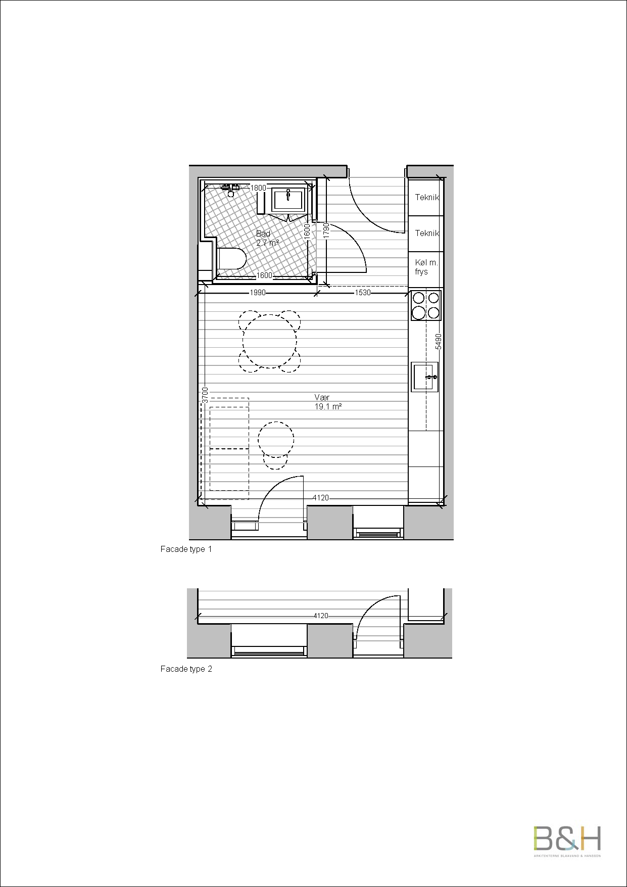A detailed 2D floorplan of an apartment showing a combined living/bedroom/kitchen, a bathroom, and three utility rooms.