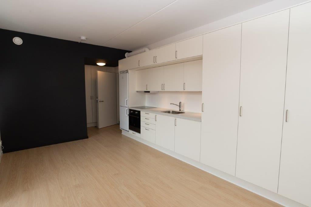 A view of the open-plan living and kitchen area, featuring a long white kitchen unit, light wooden flooring, and a contrasting dark accent wall.