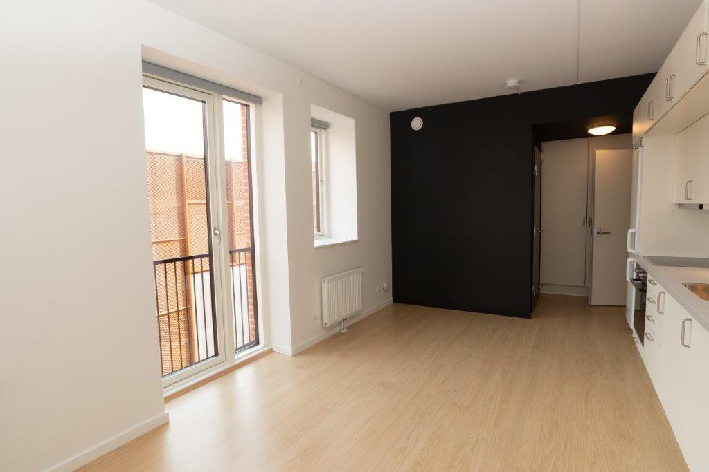 A bright open-plan living area with light wooden flooring, a dark accent wall, and a large balcony door leading to an outdoor space.