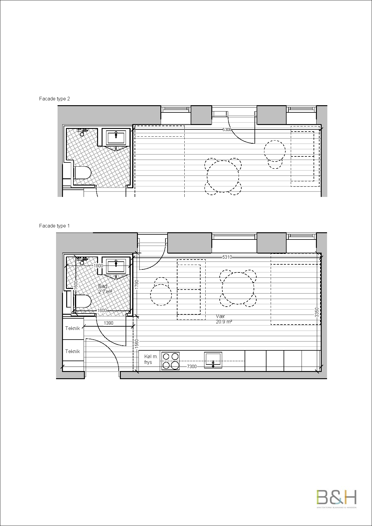 A 2D floorplan showing two facade types for an apartment, detailing room layouts and dimensions.