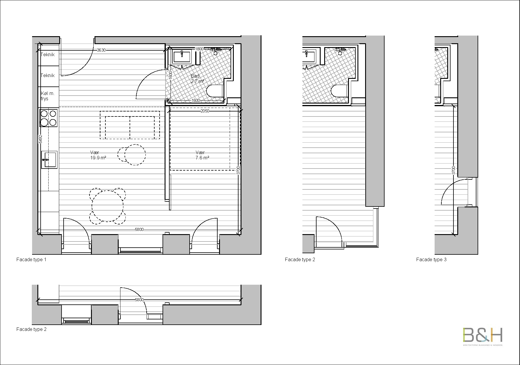 2D floor plan of an apartment showing room layouts and facade types.