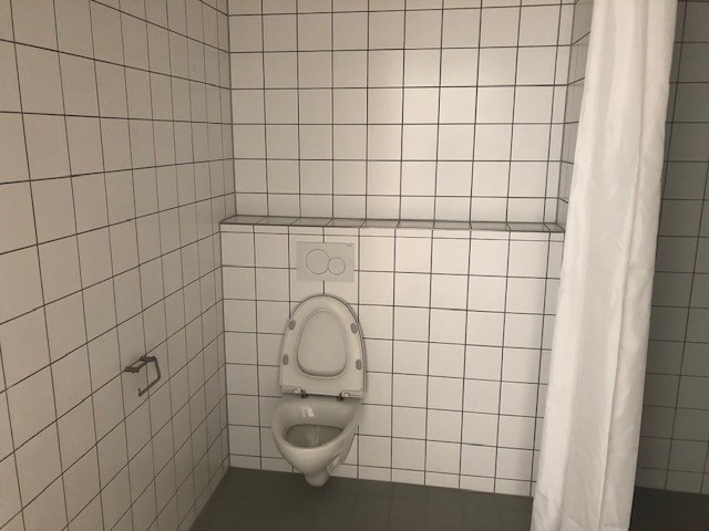 Close-up of a modern bathroom with white tiled walls, a wall-mounted toilet, and a shower area with a white curtain.