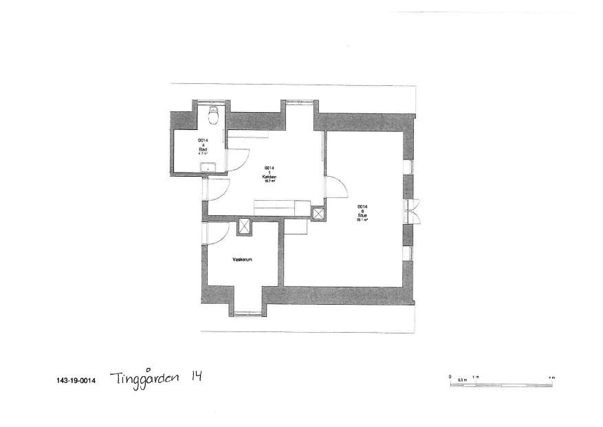 2D floor plan of an apartment showing a living room, kitchen, bathroom, and utility room.