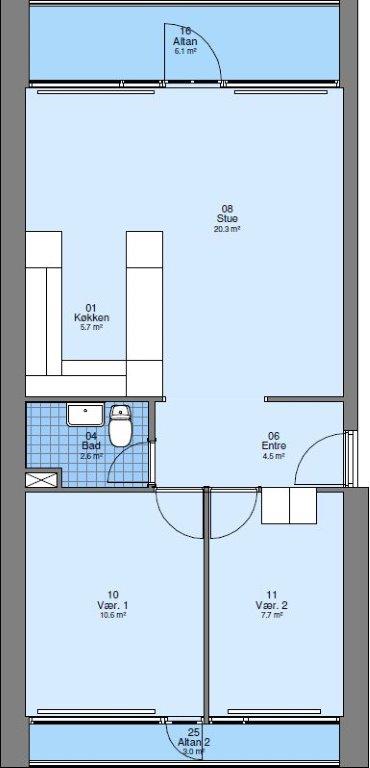 A 2D floor plan of an apartment featuring two bedrooms, a living room, a kitchen, a bathroom, an entrance hall, and two balconies.