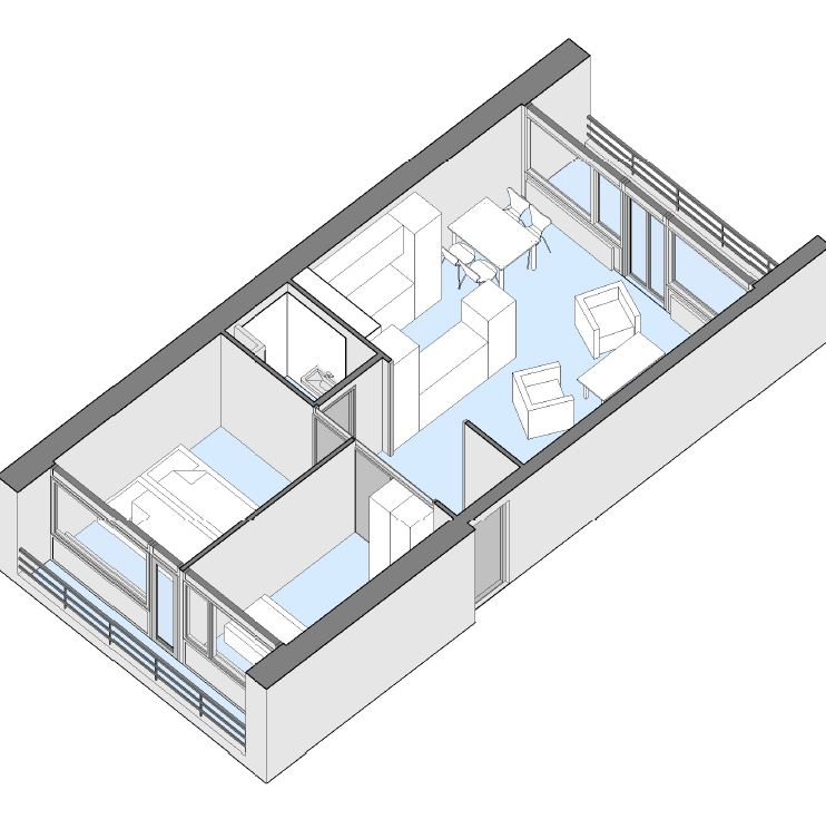 A 3D isometric floor plan showing the furniture layout of the apartment.