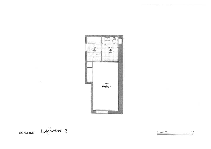 2D floorplan of an apartment with a combined living/bedroom, an entrance, and a bathroom.