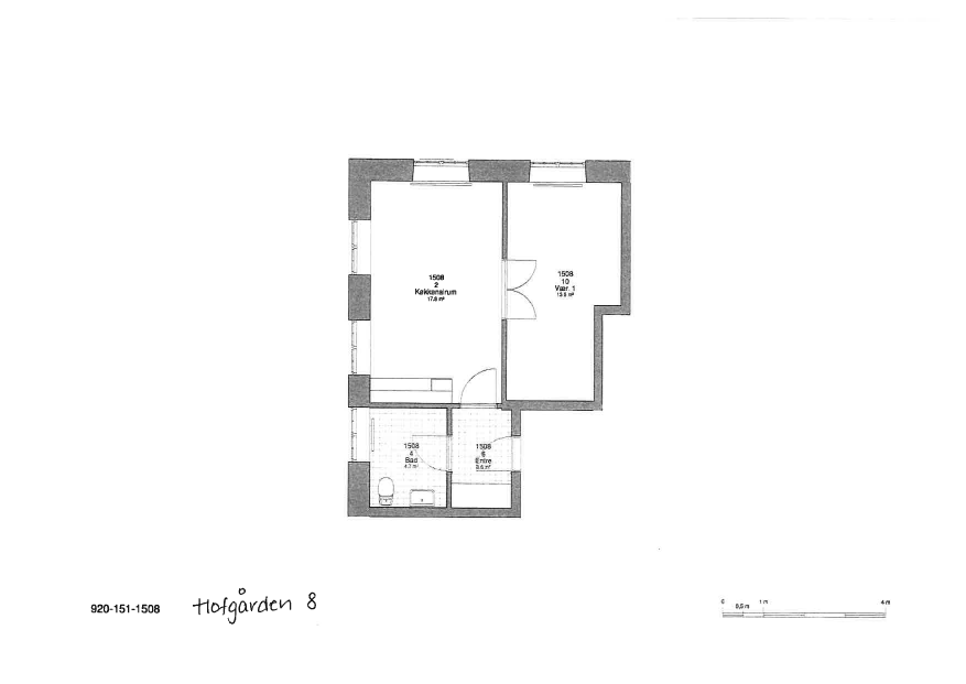 2D floorplan of an apartment at Hofgården 8, showing a kitchen/living room, bedroom, bathroom, and entrance.