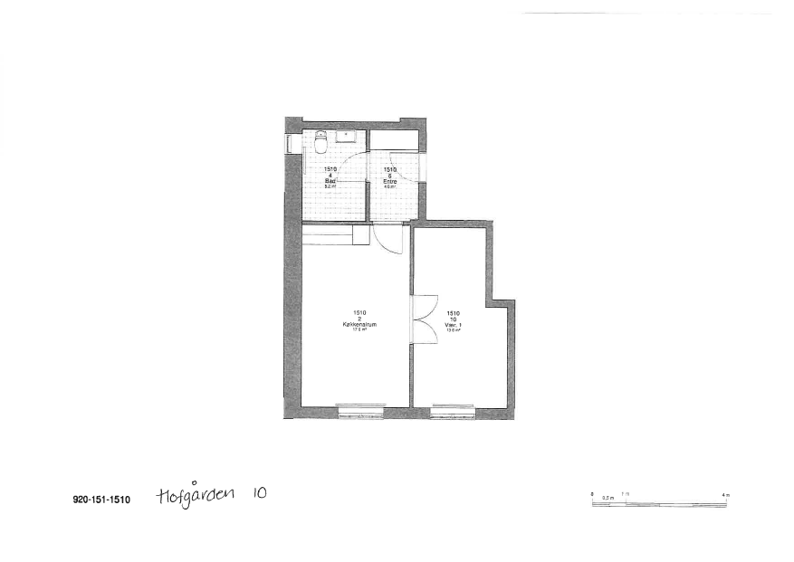 2D floorplan of an apartment at Hofgården 10, showing a kitchen/living room, bedroom, bathroom, and entrance.