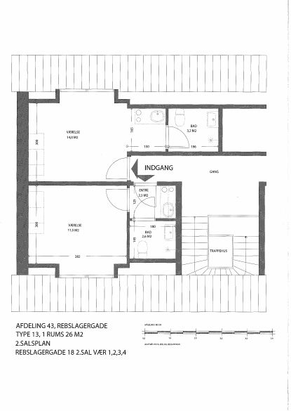 2D floor plan of an apartment showing two rooms, two bathrooms, and an entrance area, with a total calculated area of 33.2 square meters.
