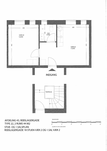 2D floor plan of a two-room apartment with an entrance, two rooms, a bathroom, and a separate staircase.