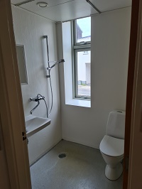 A small bathroom with a toilet, a wall-mounted sink with a shower head, and a window.