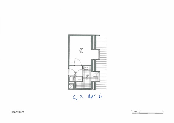 2D floor plan of an apartment, C, 2nd floor, door 6, showing a main room, bathroom, entrance, and kitchen.