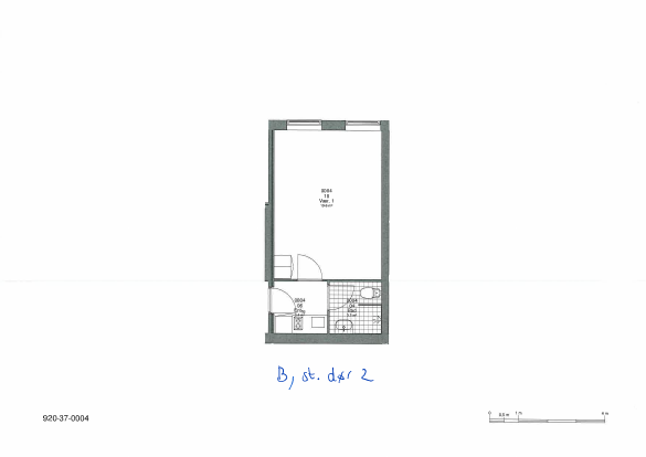 2D floor plan of an apartment, B, ground floor, door 2, showing a main room, bathroom, entrance, and kitchen.