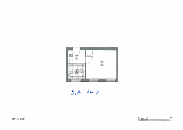 2D floor plan of an apartment, B, ground floor, door 3, showing a main room, bathroom, entrance, and kitchen.