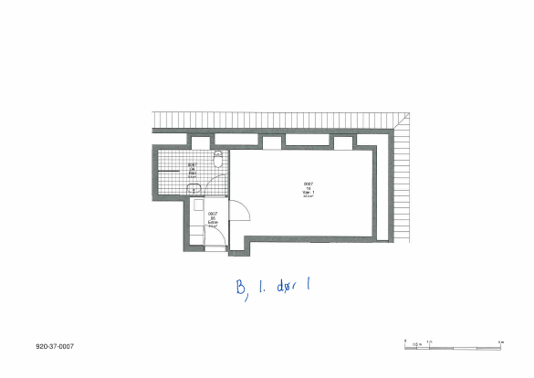 2D floor plan of an apartment, B, 1st floor, door 1, showing a main room, bathroom, entrance, and kitchen.