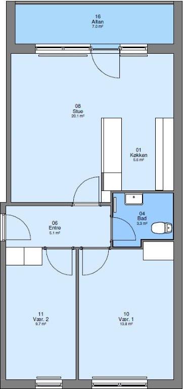 2D floor plan showing the layout of an apartment with a balcony, living room, kitchen, bathroom, entrance, and two bedrooms.