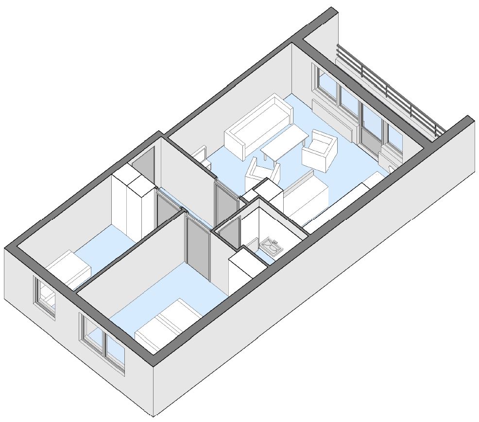 3D floor plan rendering of an apartment showing a living room, kitchen, two bedrooms, and a bathroom, with furniture indicated.
