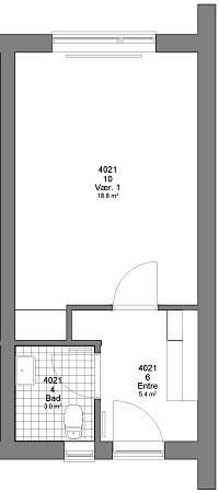 2D floorplan showing a layout with a main room, an entrance, and a bathroom.