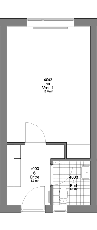 2D floorplan showing a layout with a main room, an entrance area, and a bathroom.