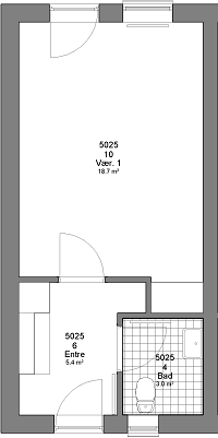 2D floorplan showing a studio apartment with a main room, an entrance, and a bathroom.