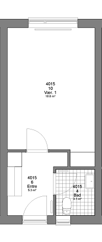 2D floorplan showing a layout with a main room, an entrance area, and a bathroom.