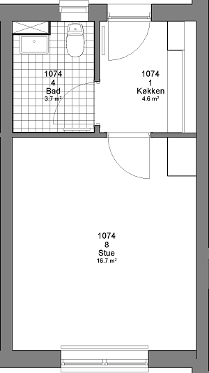 A 2D floorplan showing a bathroom, kitchen, and living room layout.