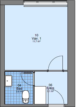 2D floorplan showing a bedroom, bathroom, and entrance area.