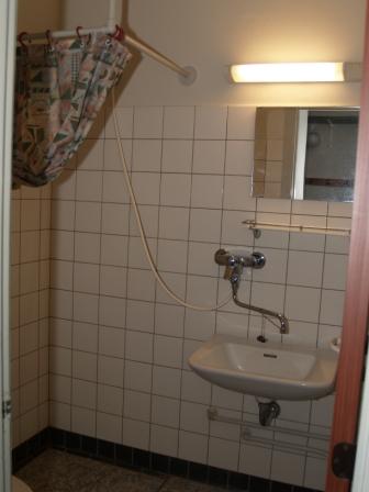 Bathroom with white tiled walls, a sink, mirror, and shower curtain.