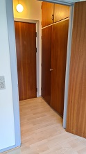 A hallway or entrance area with two closed wooden doors and built-in wooden cabinets above one door.