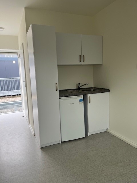 Compact kitchenette area with white upper and lower cabinets, a sink, and a small refrigerator, next to a tall wardrobe.