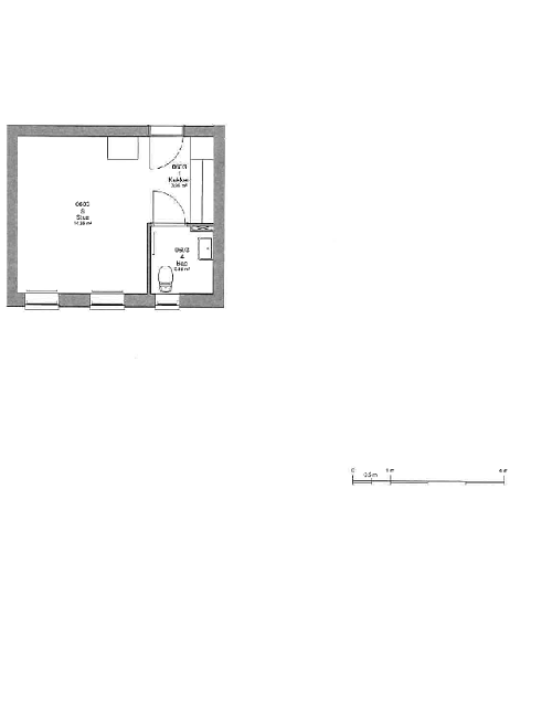 A 2D floorplan of an apartment showing a living room, kitchen, and bathroom.