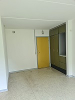 An empty room featuring a yellow entrance door and built-in green cabinets along one wall.