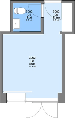 A 2D floorplan of an apartment showing a living room, bathroom, and entrance area.