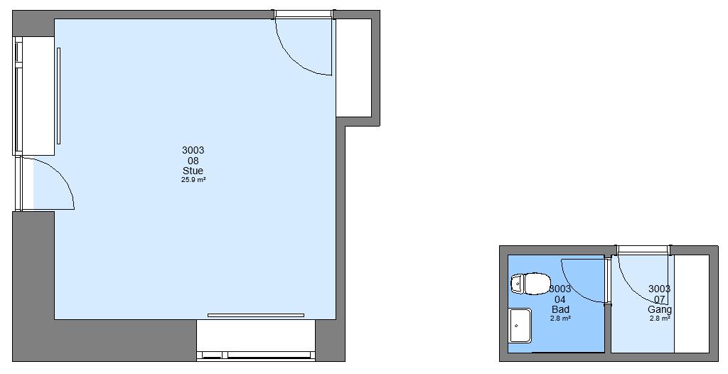 2D floorplan showing a living room, a bathroom, and a hallway.