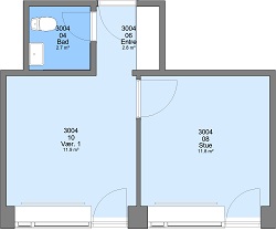 2D floorplan showing a bathroom, hallway, room 1, and living room with their respective areas.