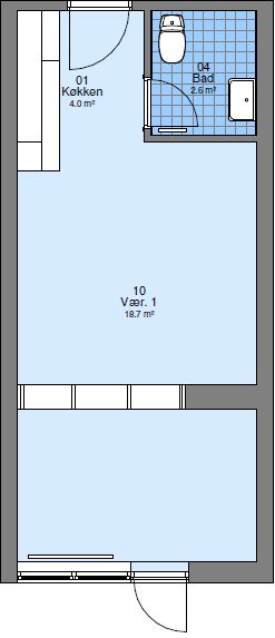 2D floor plan of an apartment showing a kitchen, bathroom, and a main room.