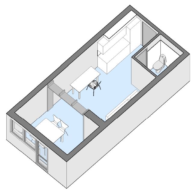 3D isometric floor plan of an apartment with furniture, showing a living area, kitchen, and bathroom.