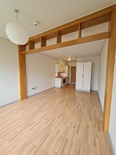 A spacious living area with wooden floors, a large white pendant lamp, and a wooden shelving unit acting as a room divider.