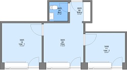 2D floor plan of an apartment with an entrance, bathroom, living room, and two additional rooms.