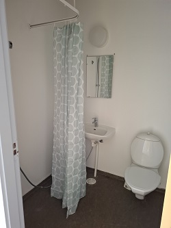 A small white bathroom with a toilet, sink, mirror, and a shower curtain.