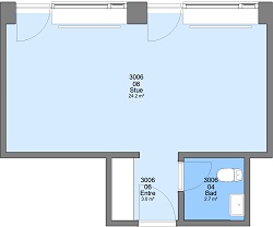 2D floorplan showing a living room, entrance, and bathroom.