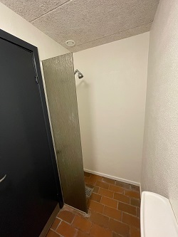 A corner of a bathroom showing a shower with a glass partition next to a dark door, with reddish-brown tiled flooring.