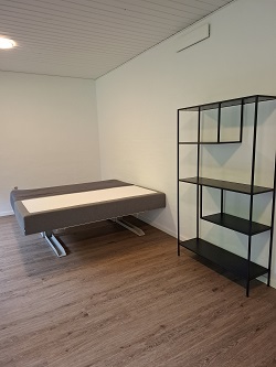 A room featuring a wall-mounted bed and a black metal shelving unit.