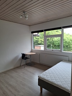 A bedroom with a single bed, a small round table, a chair, and large windows overlooking greenery.