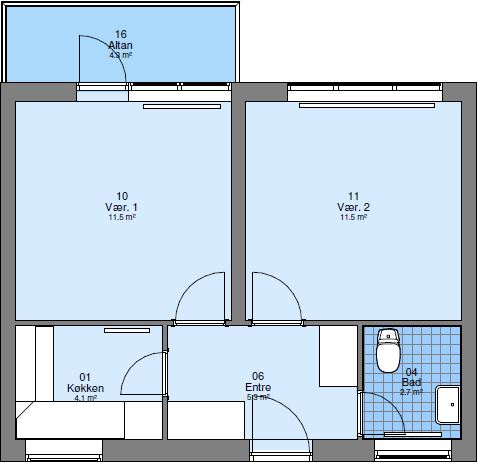 A 2D floor plan of an apartment showing a kitchen, entrance, two rooms, a bathroom, and a balcony.