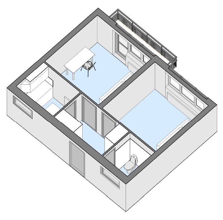 A 3D isometric view of an apartment floor plan, showing two main rooms, a kitchen, bathroom, entrance, and a balcony.