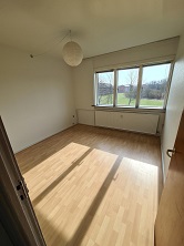 An empty room with light wooden flooring, white walls, a large window, and a door on the right. Sunlight streams through the window.