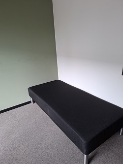 A simple black bed or sofa with silver metal legs placed against a wall with a two-tone paint scheme (light green and white). The floor is covered with grey carpet.