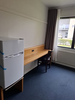 A room with a white mini-fridge, a long wooden desk, a dark chair, and a window with grey curtains. The floor is covered with blue carpet.