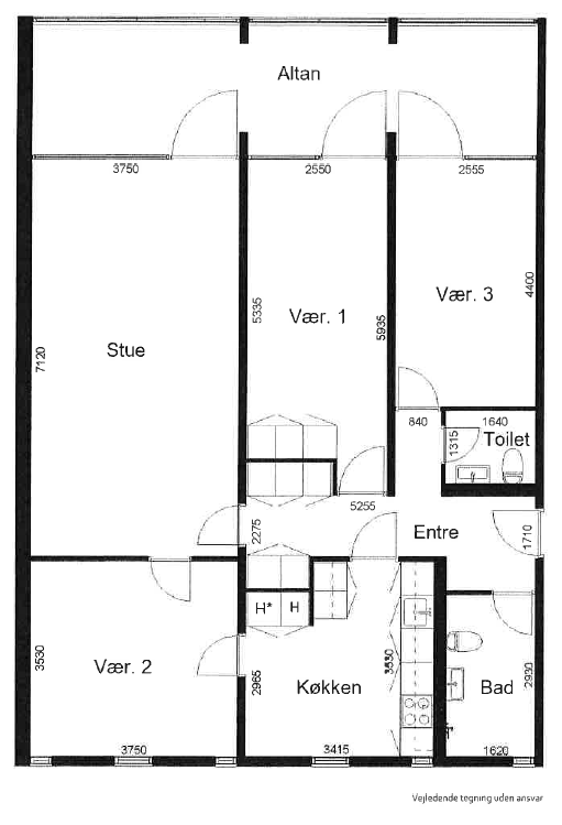 2D floor plan of an apartment showing a living room, three bedrooms, kitchen, bathroom, toilet, entrance, and a balcony with dimensions.
